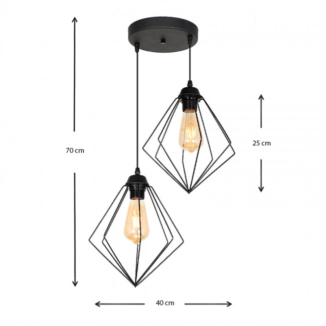 Φωτιστικό οροφής Nura Megapap E27 μεταλλικό δίφωτο χρώμα μαύρο 40x40x70εκ.