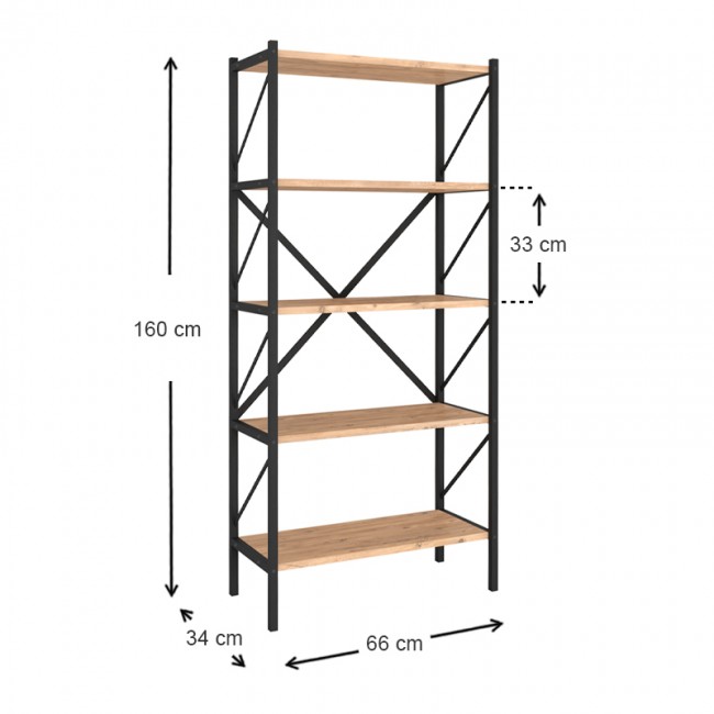 Βιβλιοθήκη Jocasta Megapap μεταλλική - μελαμίνης χρώμα pine oak 66x34x160εκ.