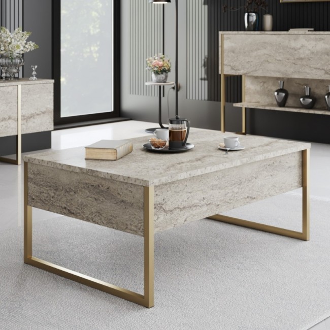 Τραπεζάκι σαλονιού Luxe Megapap χρώμα travertine - χρυσό 90x60x40εκ.