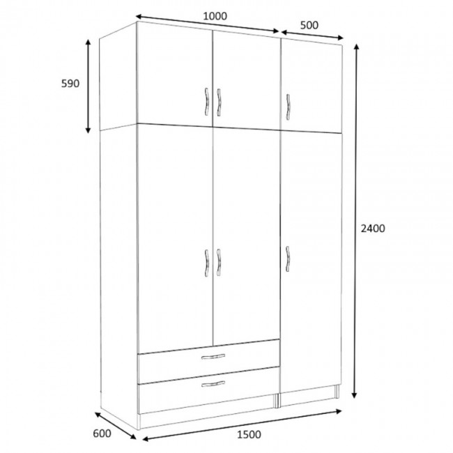 Ντουλάπα ρούχων Victoria Megapap τρίφυλλη με πατάρι και συρτάρια χρώμα φυσικό οξιάς 150x60x240εκ.