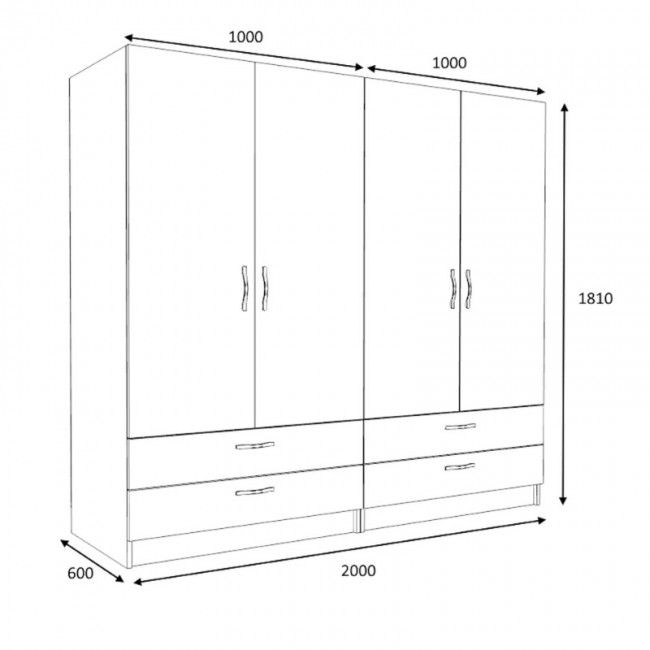 Ντουλάπα ρούχων Victoria Megapap τετράφυλλη με συρτάρια χρώμα καρυδί 200x60x181εκ.