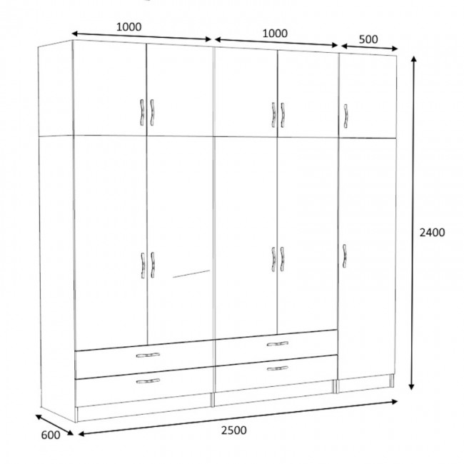 Ντουλάπα ρούχων Victoria Megapap πεντάφυλλη με πατάρι και συρτάρια χρώμα φυσικό οξιάς 250x60x240εκ.