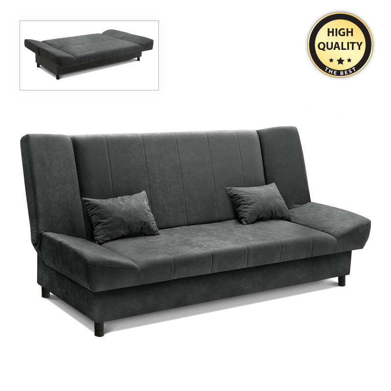 Tiko Plus three-seater fabric sofa - bed with storage space in dark grey color 200x90x96cm.