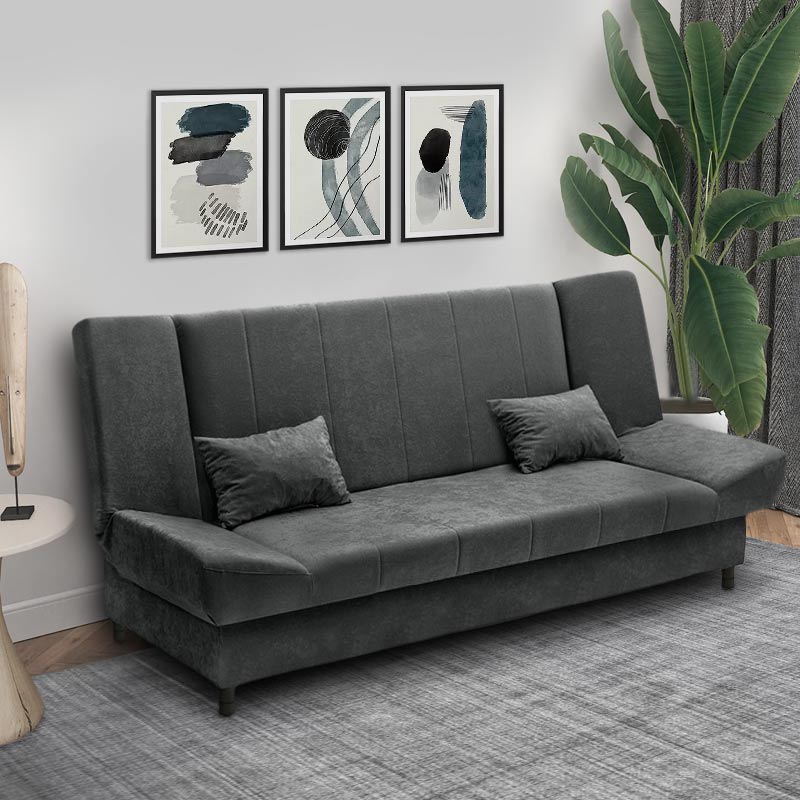Tiko Plus three-seater fabric sofa - bed with storage space in dark grey color 200x90x96cm.