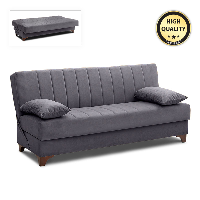 Victor Megapap three-seater velvet sofa - bed with storage space in dark grey color 190x84x90cm.