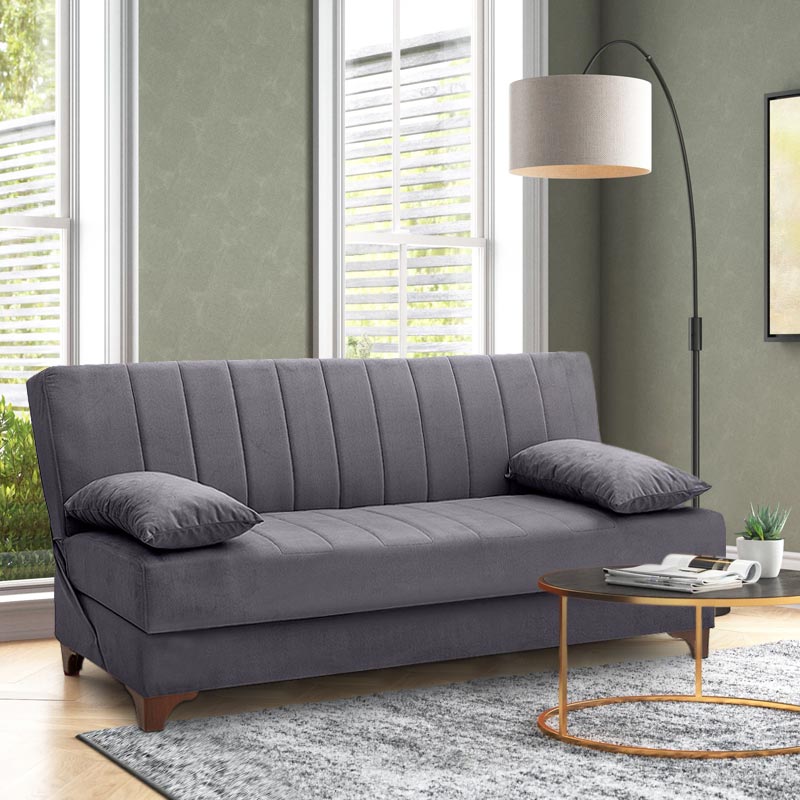 Victor Megapap three-seater velvet sofa - bed with storage space in dark grey color 190x84x90cm.