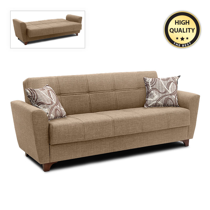 Three-seater fabric sofa - bed with storage space in beige - light brown color 216x85x91cm.