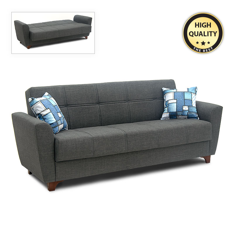 Jason Megapap three-seater fabric sofa - bed with storage space in dark grey - black color 216x85x91cm.