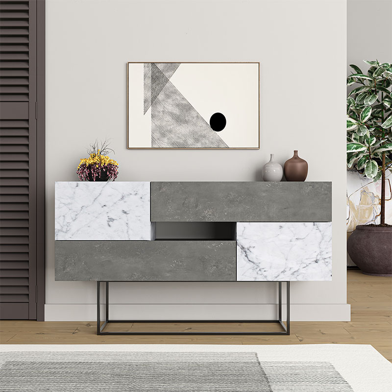 Eros Megapap melamine buffet in retro grey - white marble effect color 145x40x82cm.