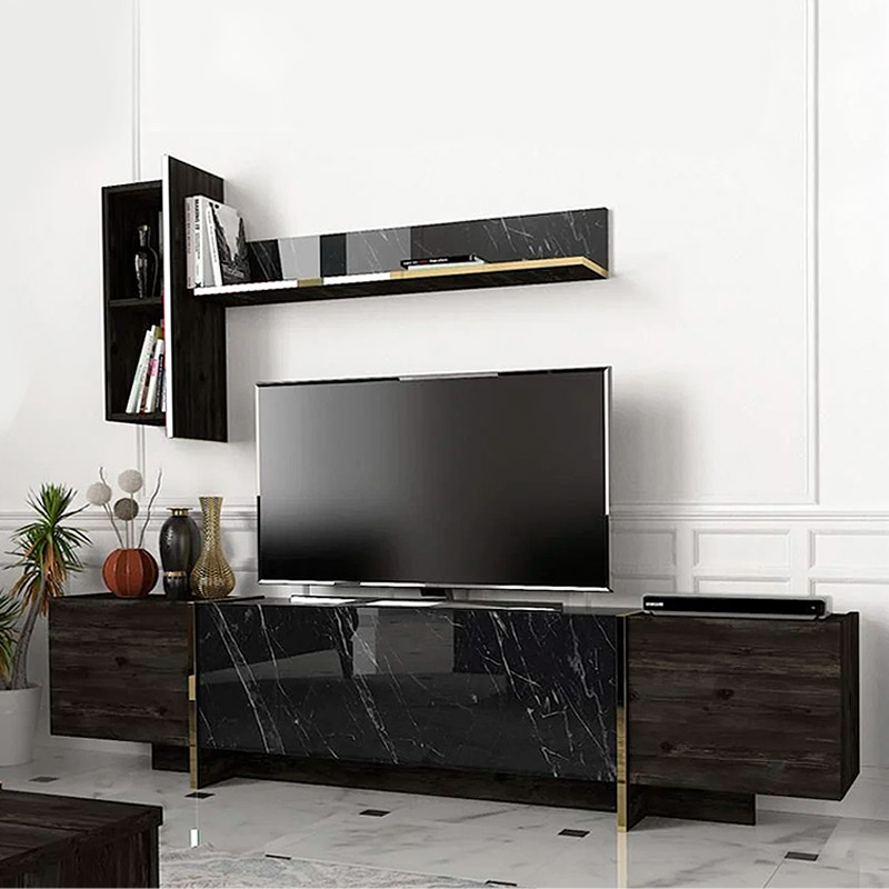 Veyron Megapap melamine TV unit in black marble effect color 180x33x45cm.