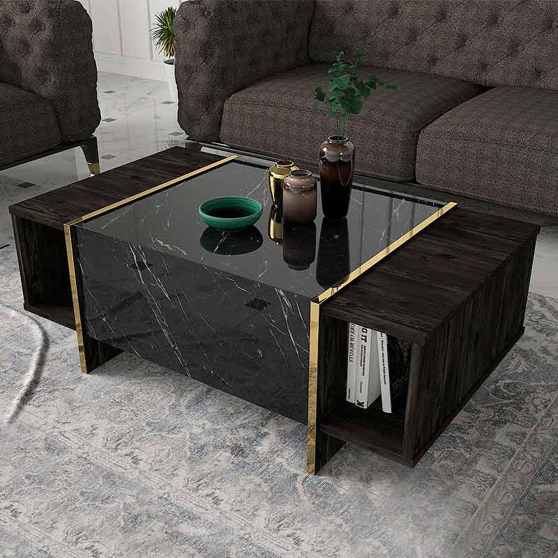 Veyron Megapap melamine coffee table in black marble effect color 104x60x37,3cm.