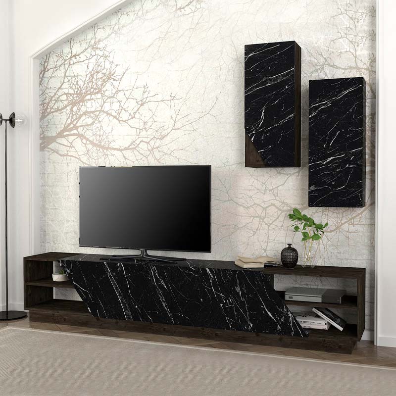 River Megapap melamine TV unit in black marble effect color 240x36,6x47cm.