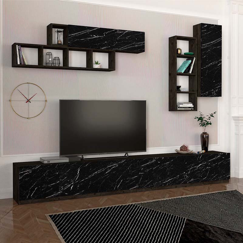 Ege Megapap melamine TV unit in black marble effect color 280x35x40cm.