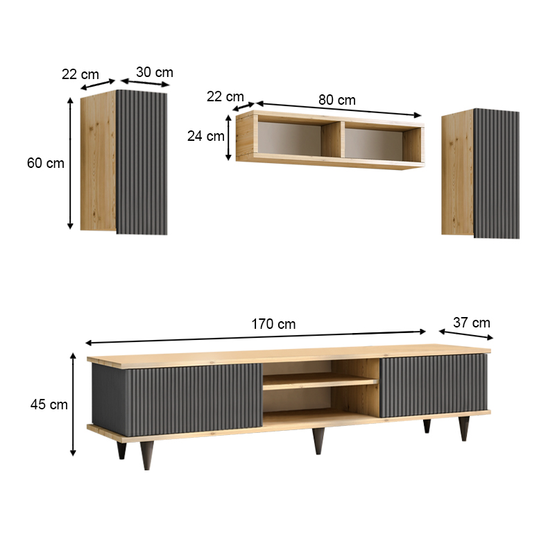 Σύνθεση τηλεόρασης Tokyo Megapap χρώμα sapphire oak - ανθρακί 170x37x45εκ.